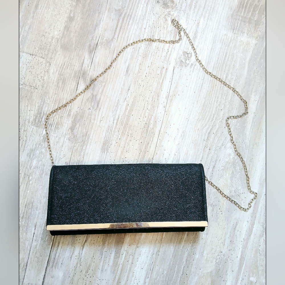 Le Chateau Elegant Black Glitter Sparkle Evening Clutch Detachable Chain